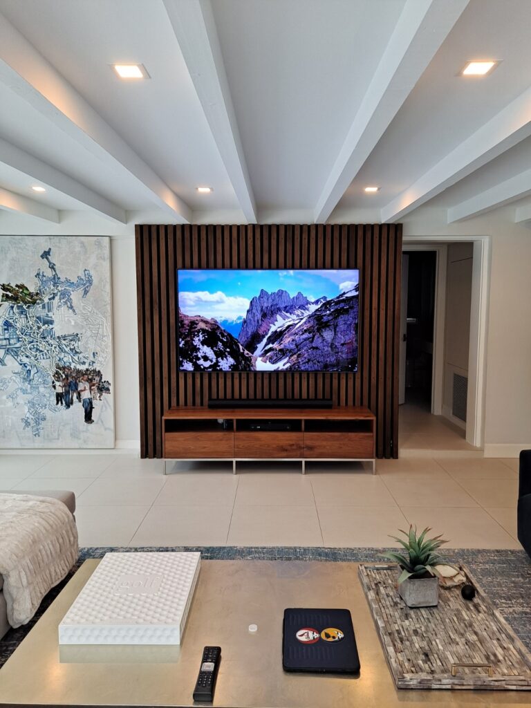 home theater setup with wall mounted TV panel